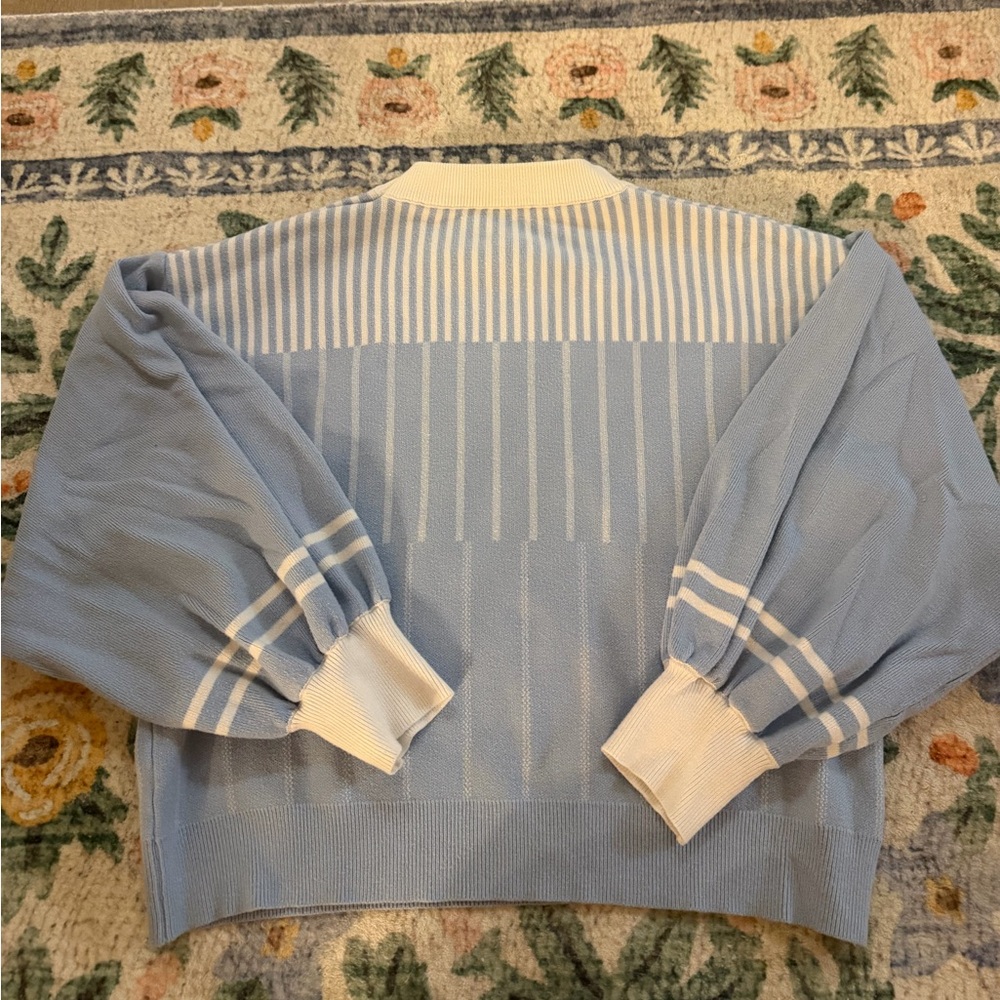 Blue and White Striped Mock Neck Sweater